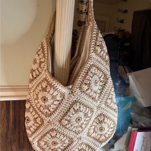 Trendy fashion Square Hand Crocheted Hobo Shoulder Bag color Tan/White